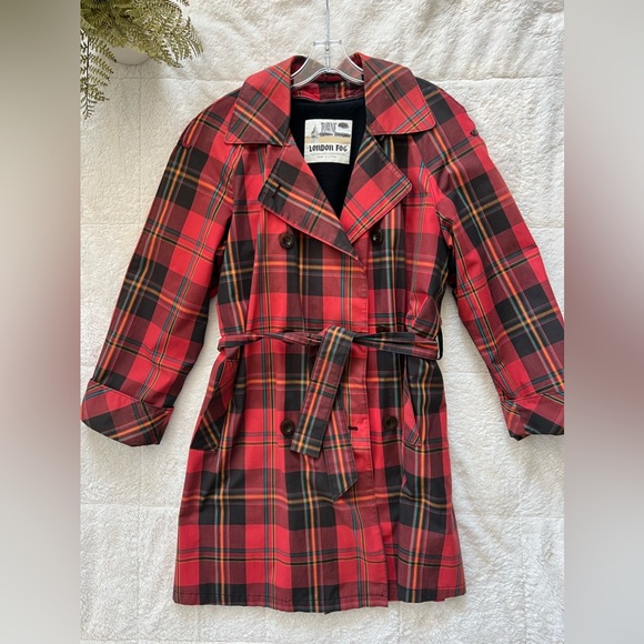 London Fog Red Plaid Trench Coat with Belt - Picture 1 of 12